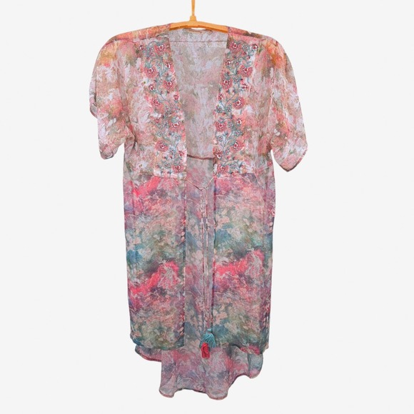 Soft Surroundings Other - Soft Surroundings‎ Large Kimono Tassel Cover Up Sheer Art to Wear Watercolor
